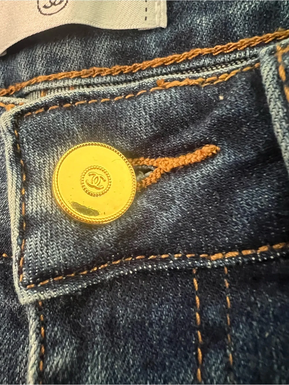CHANEL Women's Blue Skinny Jeans with Gold-Tone Studs